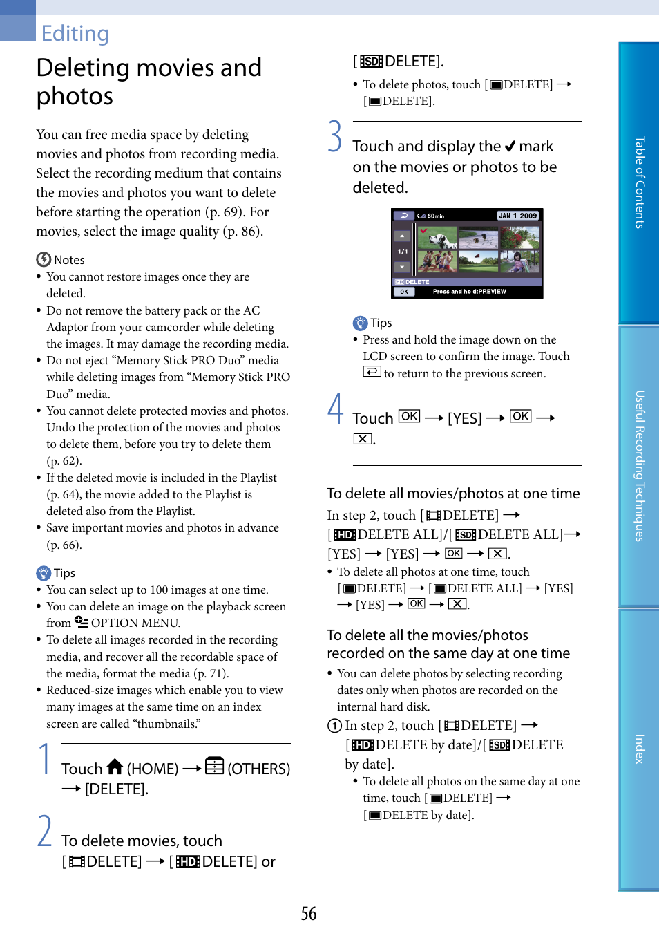 Editing, Deleting movies and photos | Sony HDR-XR200V User Manual | Page 56 / 133