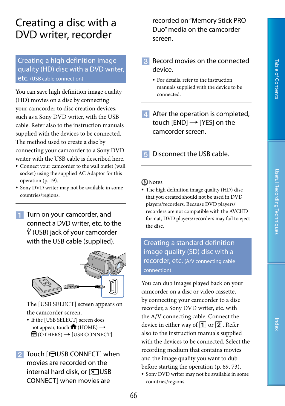 Creating a disc with a dvd writer, recorder, Usb cable connection), A/v connecting cable connection) | Usb) jack (66) | Sony HDR-XR200V User Manual | Page 66 / 133