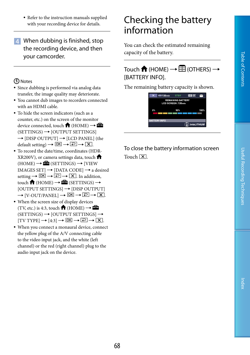 Checking the battery information, Touch (home)  (others)  [battery info | Sony HDR-XR200V User Manual | Page 68 / 133