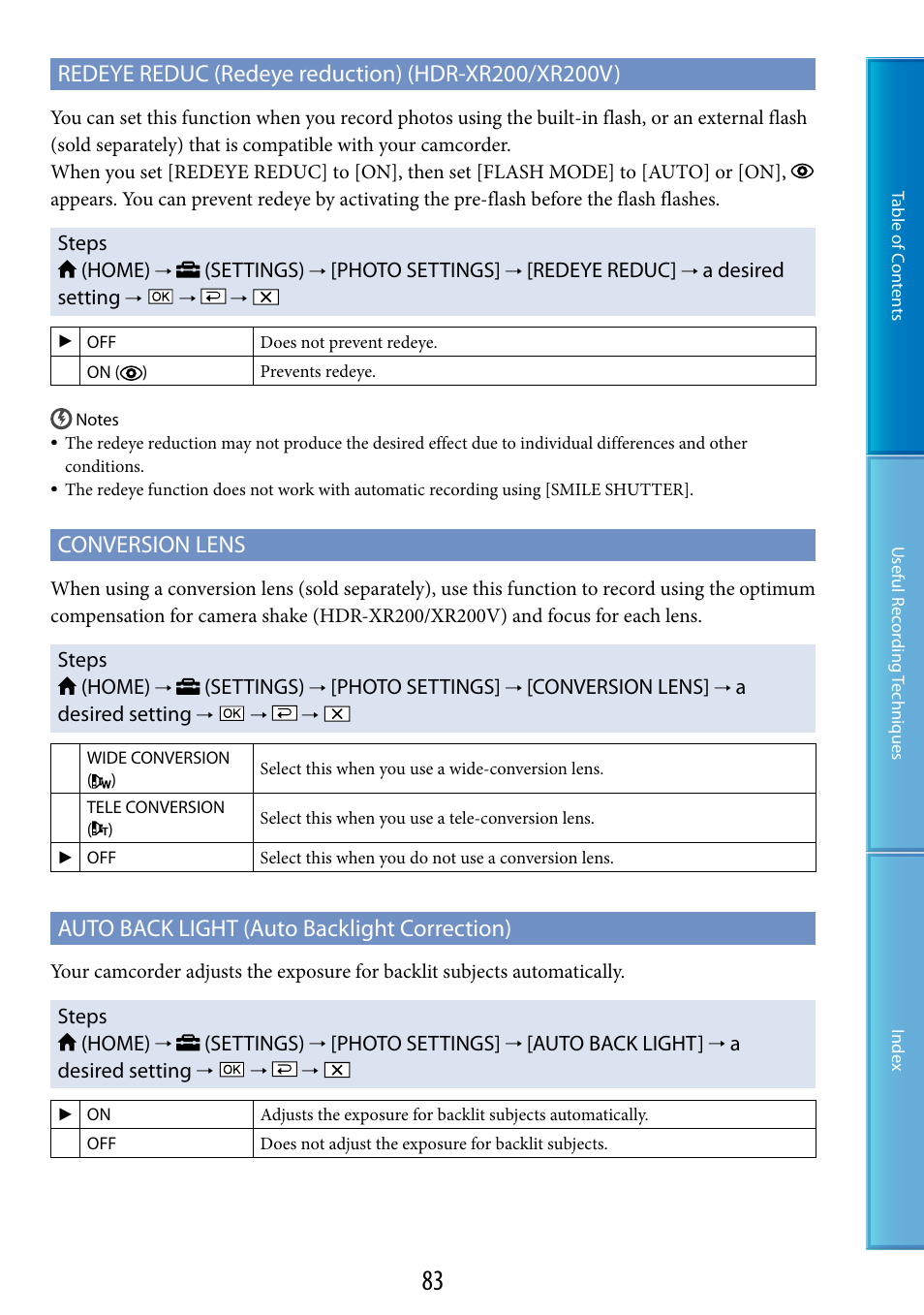 Conversion lens, Auto back light (auto backlight correction) | Sony HDR-XR200V User Manual | Page 83 / 133