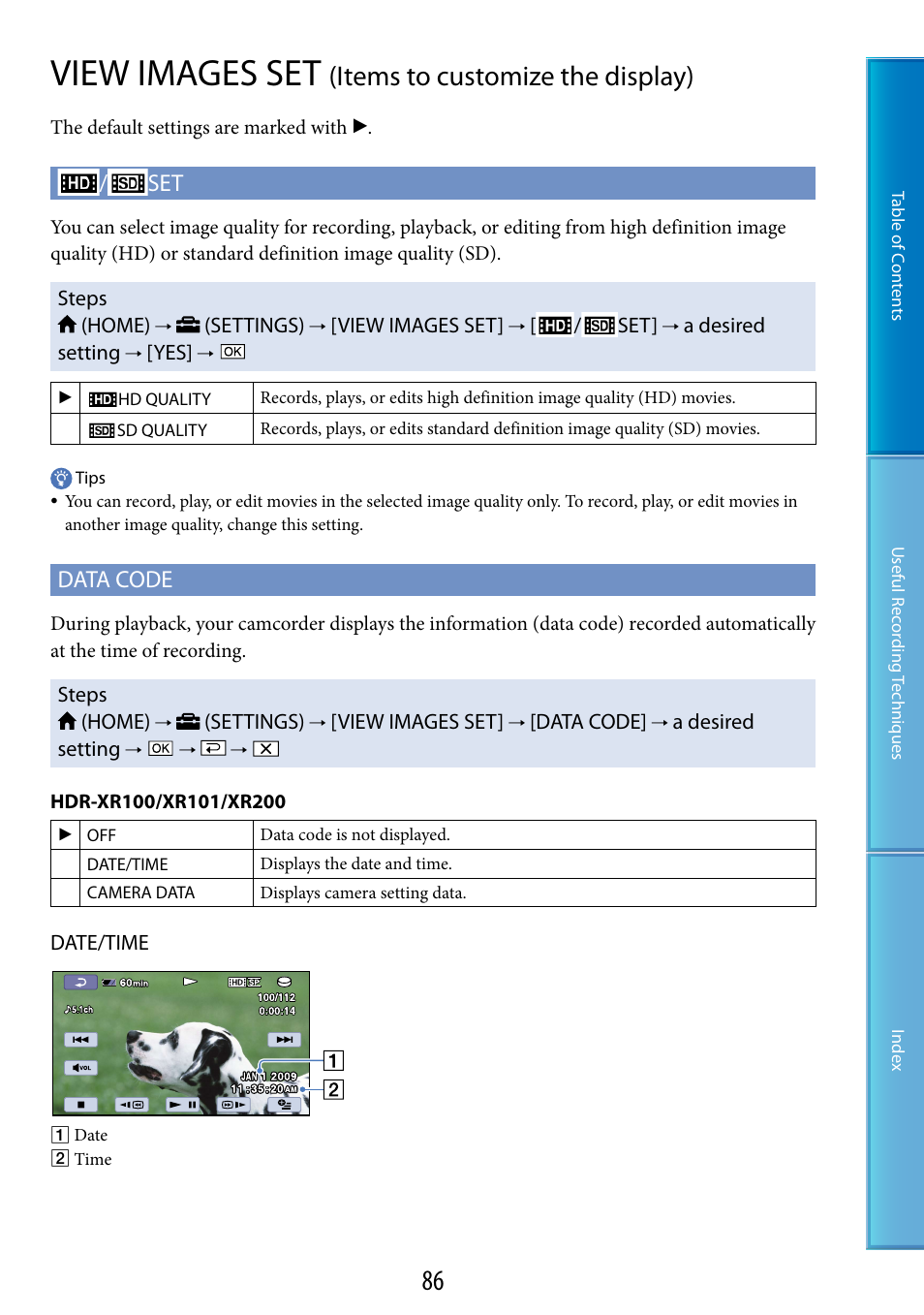 View images set (items to customize the display), View images set, Items to customize the display) | Data code | Sony HDR-XR200V User Manual | Page 86 / 133