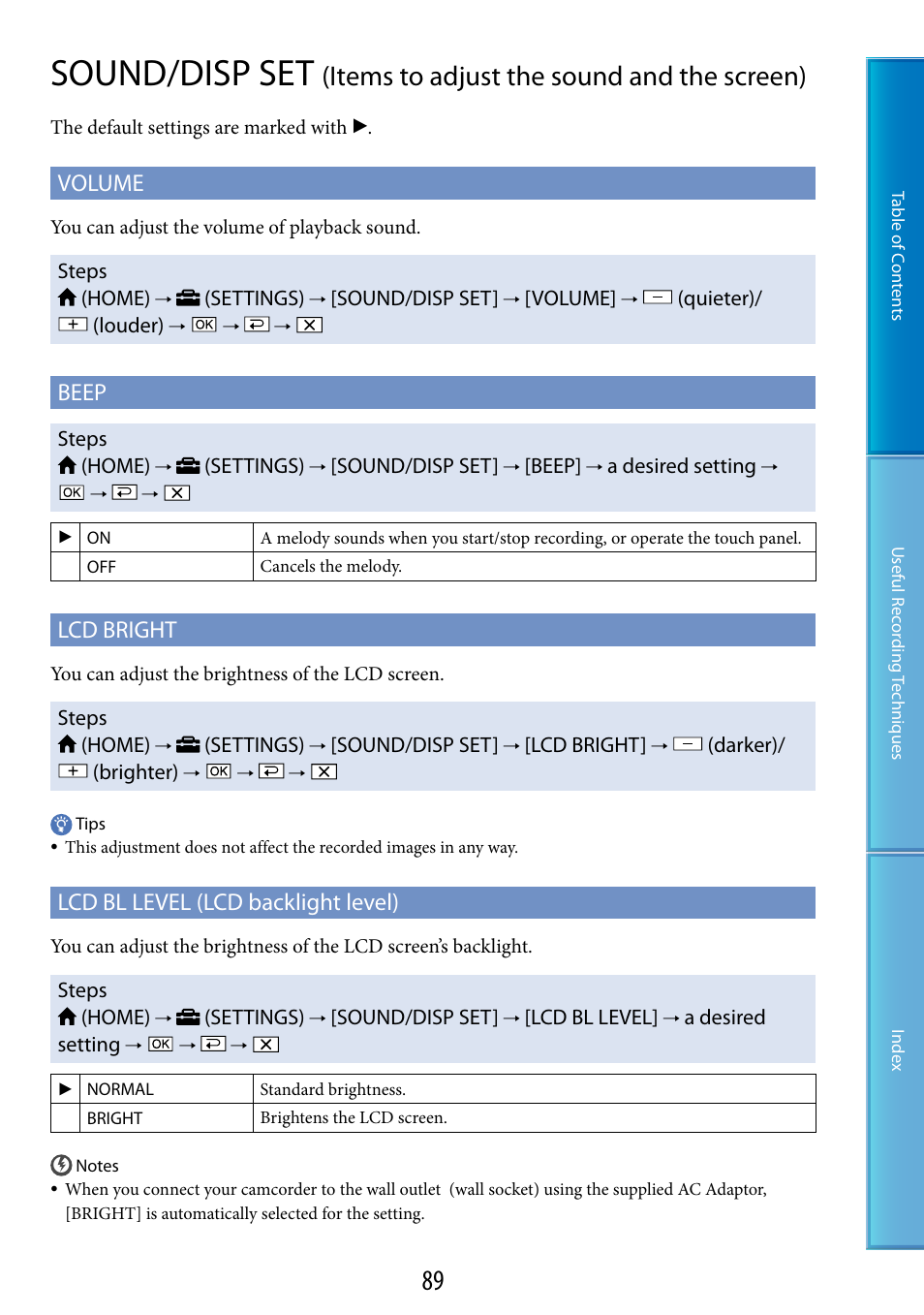 Sound/disp set, Items to adjust the sound and the screen), Volume | Beep, Lcd bright, Lcd bl level (lcd backlight level) | Sony HDR-XR200V User Manual | Page 89 / 133
