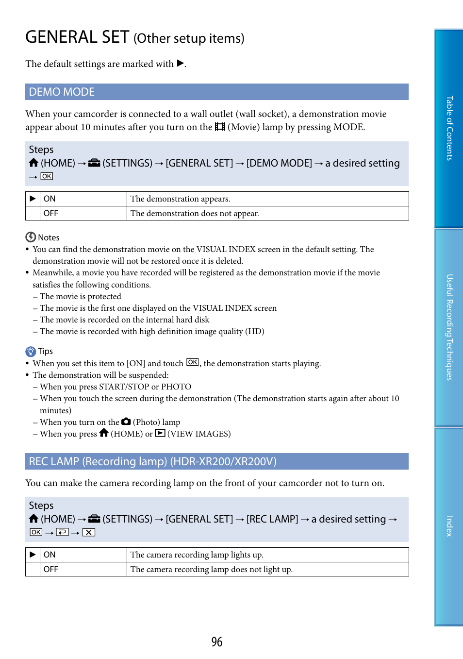 General set (other setup items), General set, Other setup items) | Ding lamp (96), Demo mode | Sony HDR-XR200V User Manual | Page 96 / 133