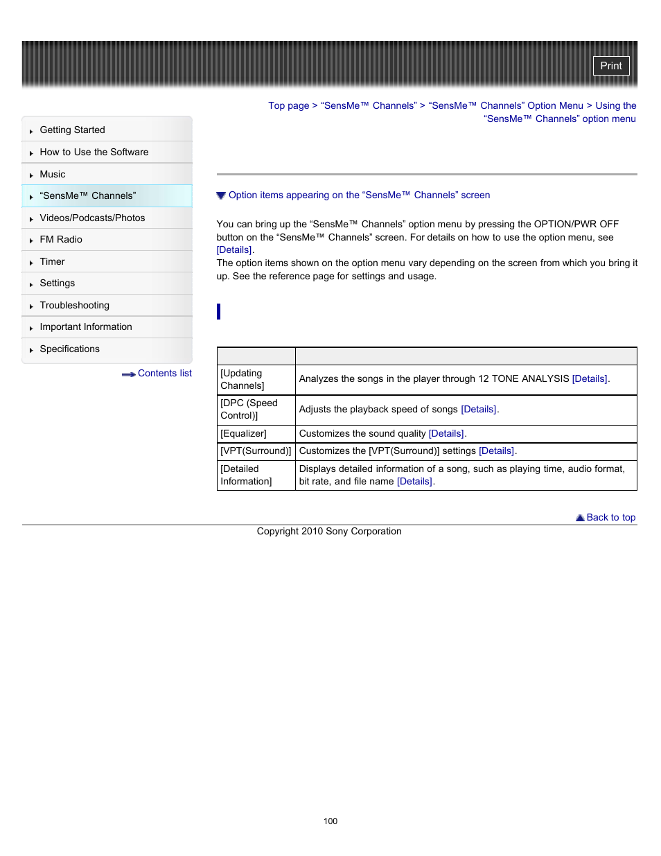 Using the “sensme™ channels” option menu | Sony NWZ-E353RED User Manual | Page 100 / 239