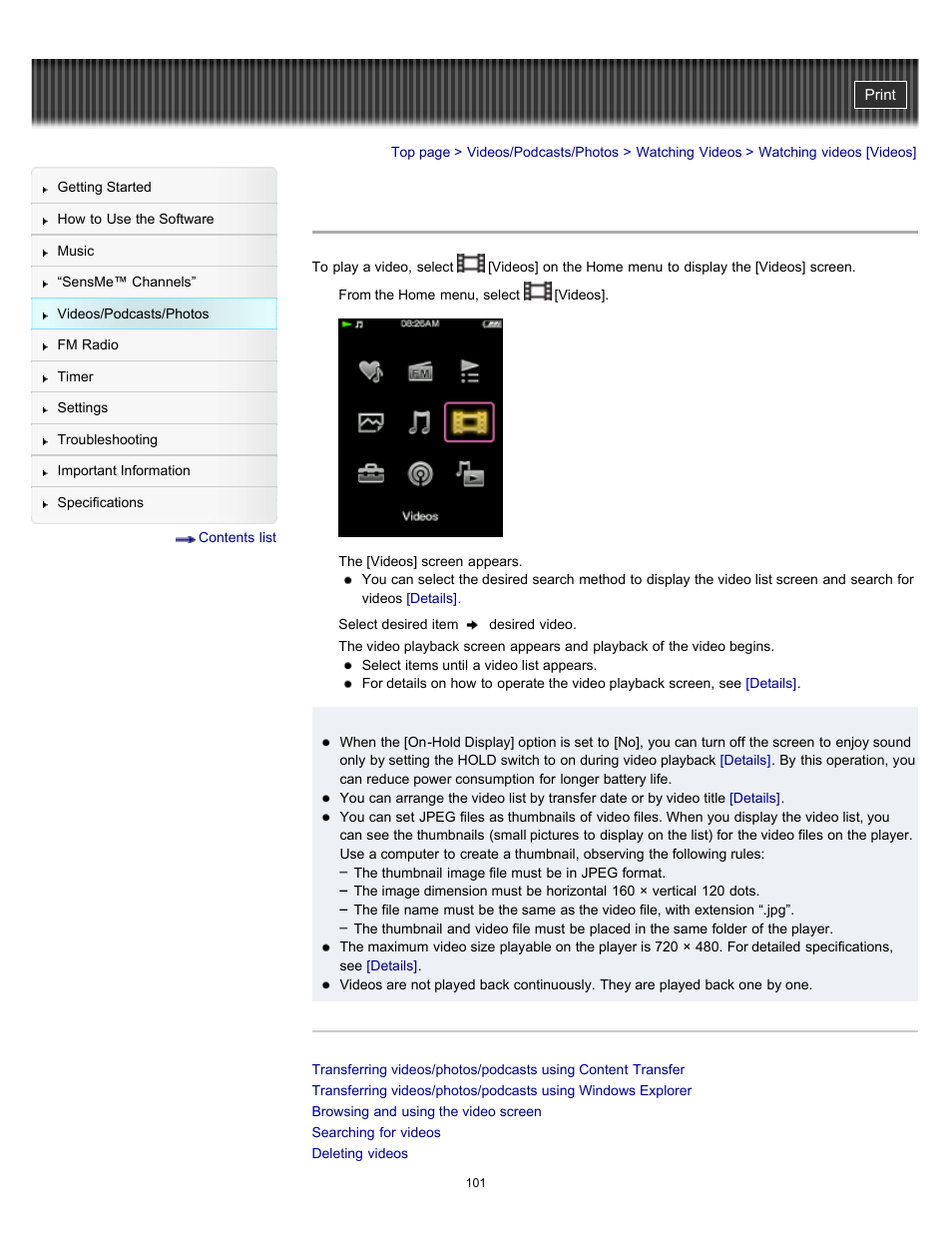 Watching videos [videos, Details | Sony NWZ-E353RED User Manual | Page 101 / 239