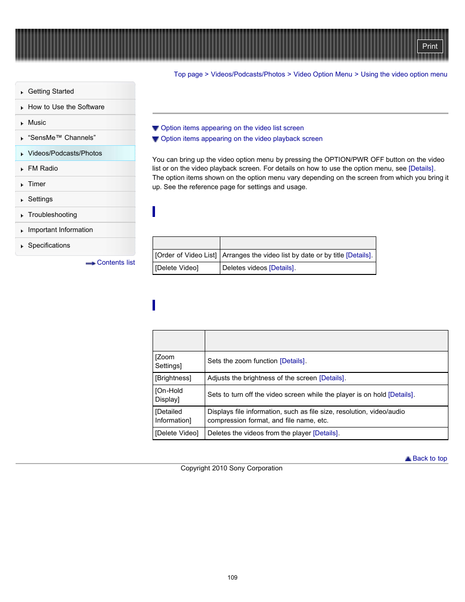 Using the video option menu, Details | Sony NWZ-E353RED User Manual | Page 109 / 239