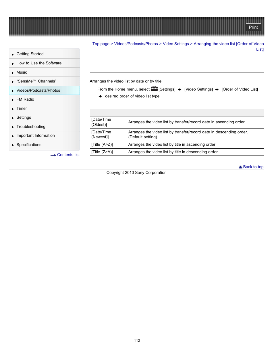 Arranging the video list [order of video list, Details | Sony NWZ-E353RED User Manual | Page 112 / 239