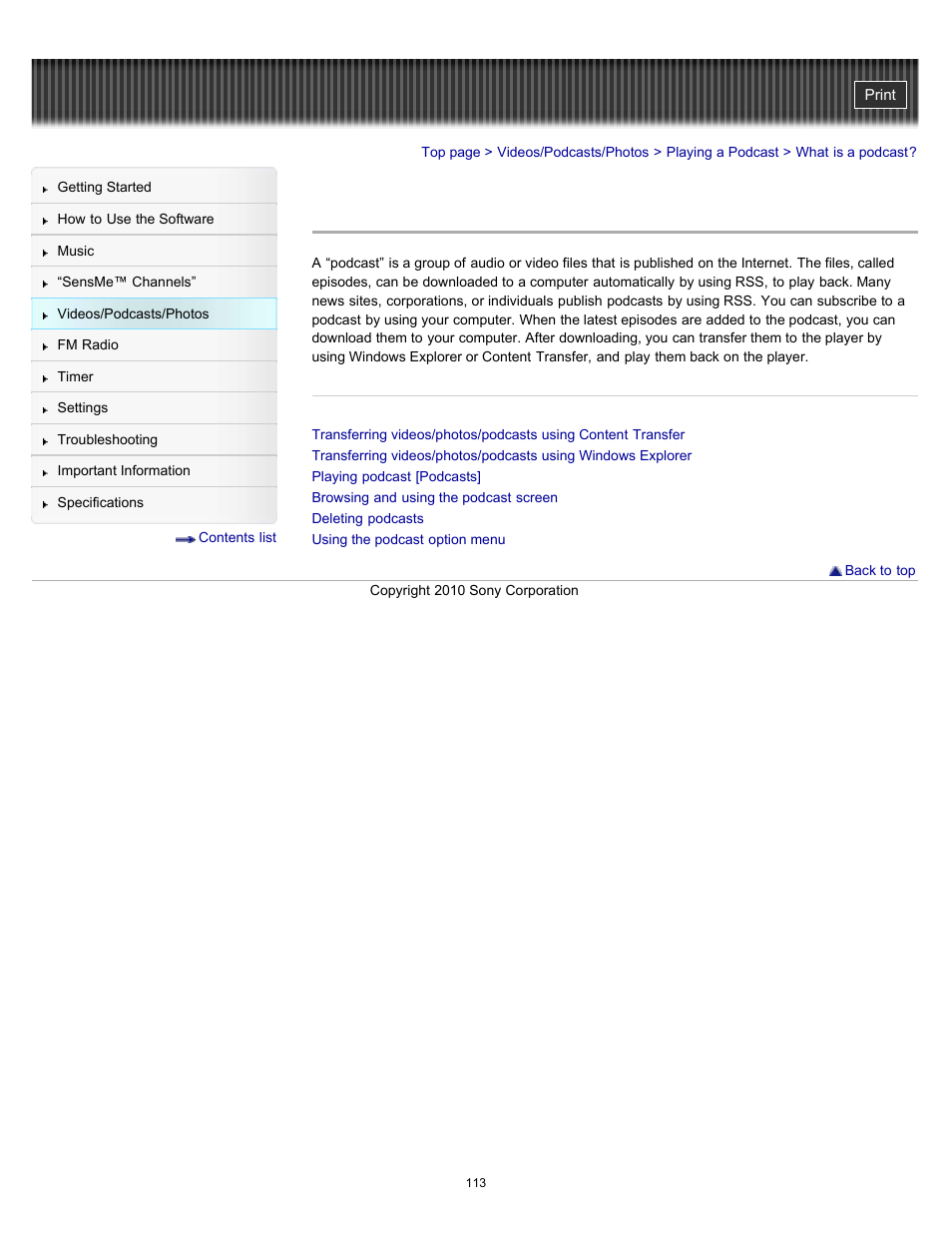What is a podcast | Sony NWZ-E353RED User Manual | Page 113 / 239