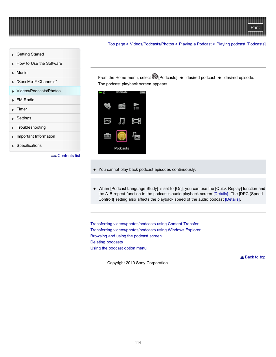 Playing podcast [podcasts, Details | Sony NWZ-E353RED User Manual | Page 114 / 239