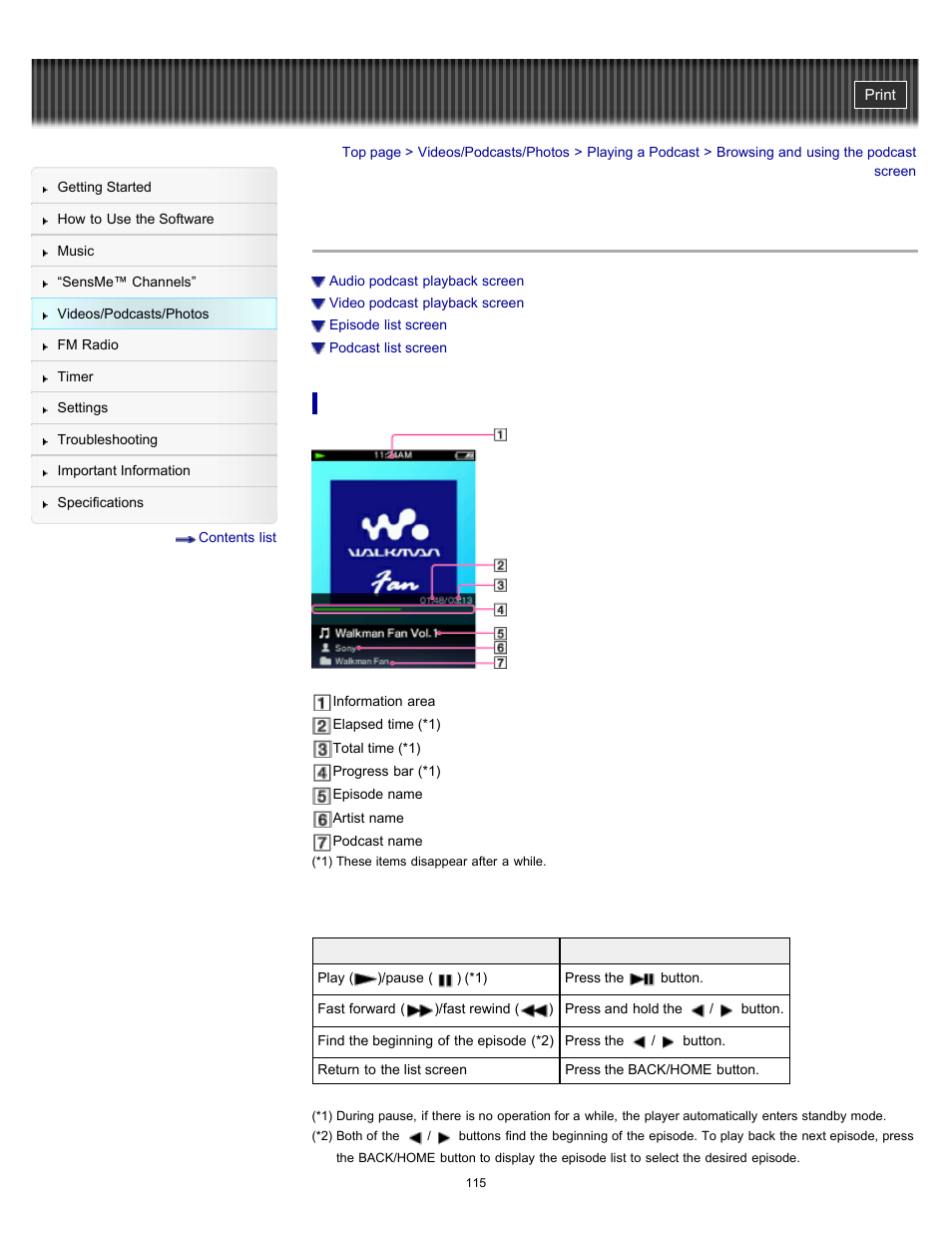 Browsing and using the podcast screen, Details | Sony NWZ-E353RED User Manual | Page 115 / 239