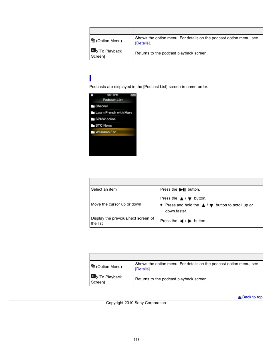 Podcast list screen | Sony NWZ-E353RED User Manual | Page 118 / 239