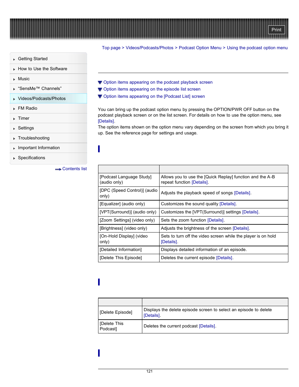 Using the podcast option menu, Details | Sony NWZ-E353RED User Manual | Page 121 / 239