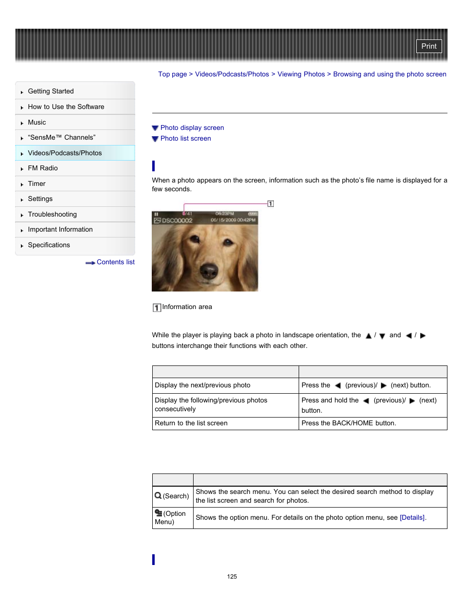 Browsing and using the photo screen, Details | Sony NWZ-E353RED User Manual | Page 125 / 239