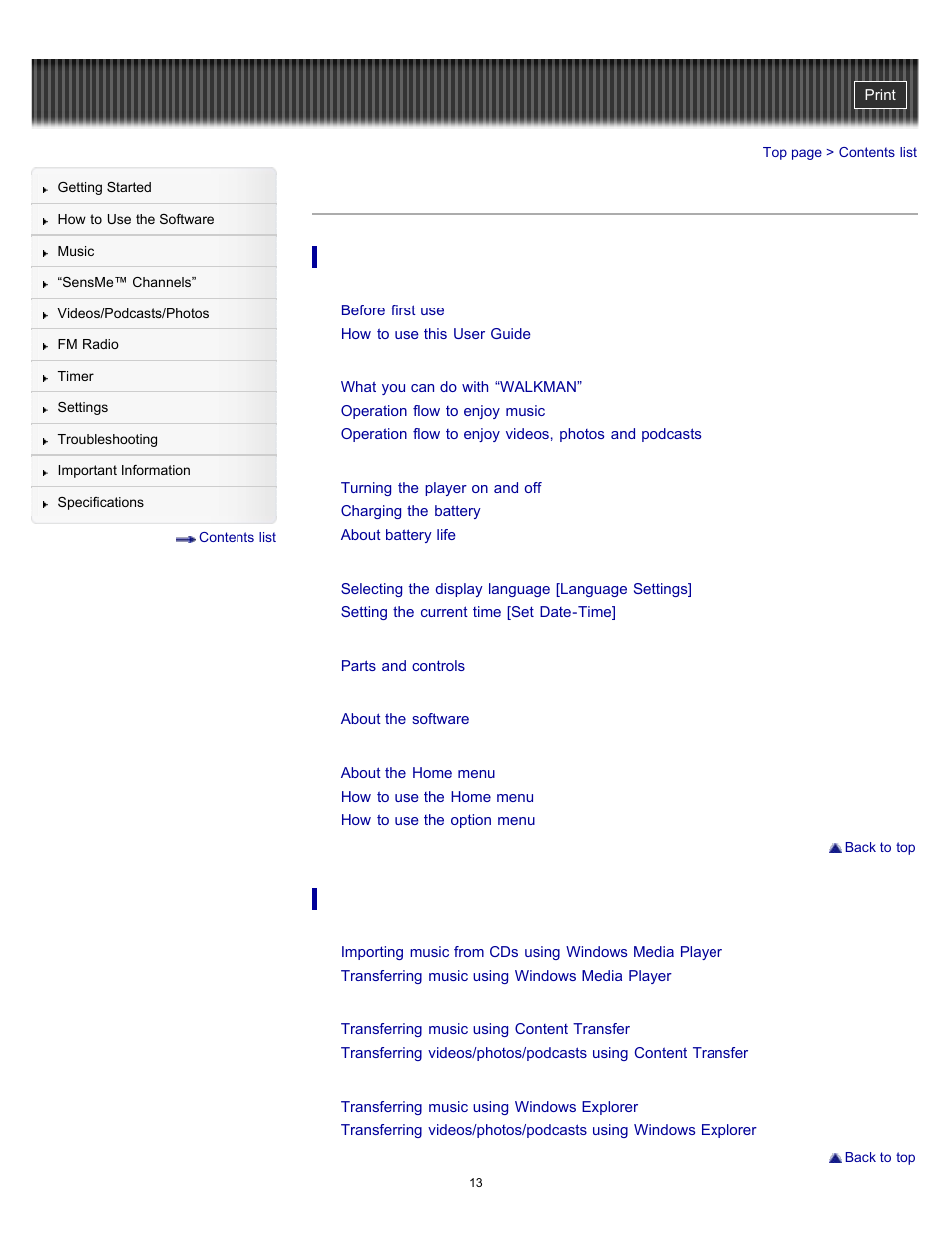 Contents list | Sony NWZ-E353RED User Manual | Page 13 / 239