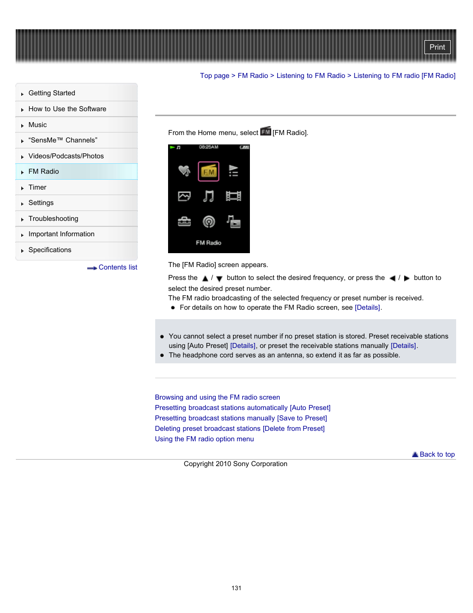 Listening to fm radio [fm radio, Details | Sony NWZ-E353RED User Manual | Page 131 / 239