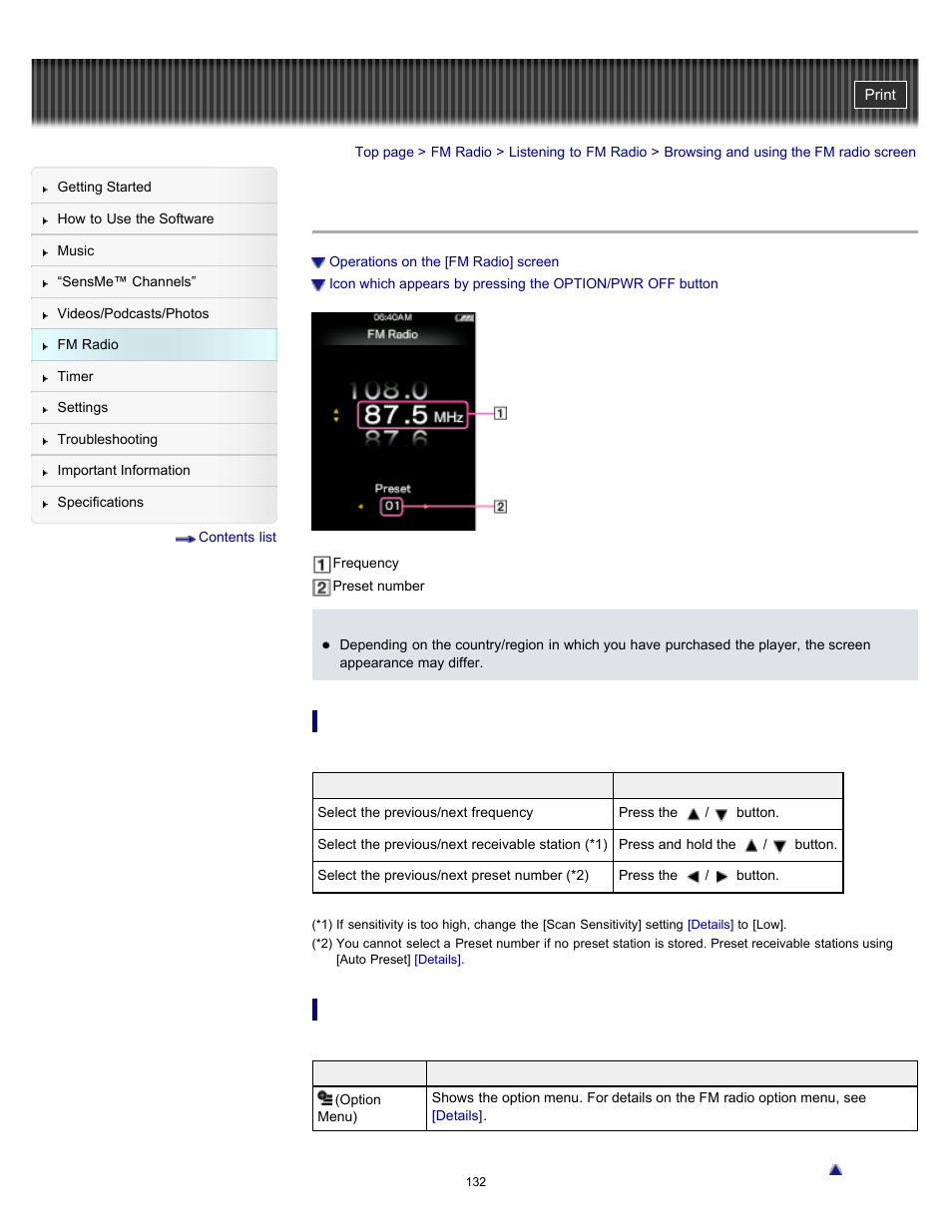 Browsing and using the fm radio screen, Details | Sony NWZ-E353RED User Manual | Page 132 / 239