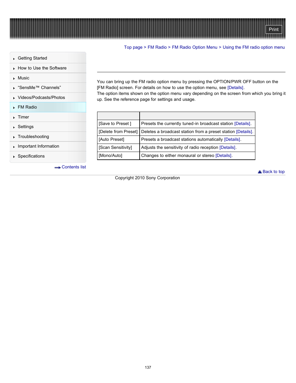 Using the fm radio option menu, Details | Sony NWZ-E353RED User Manual | Page 137 / 239