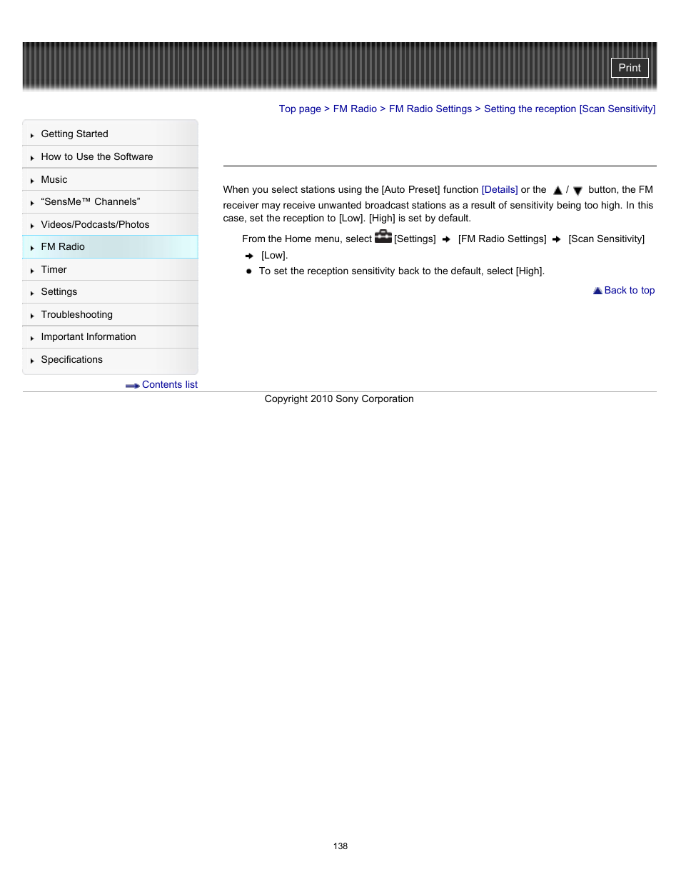 Setting the reception [scan sensitivity, Details | Sony NWZ-E353RED User Manual | Page 138 / 239