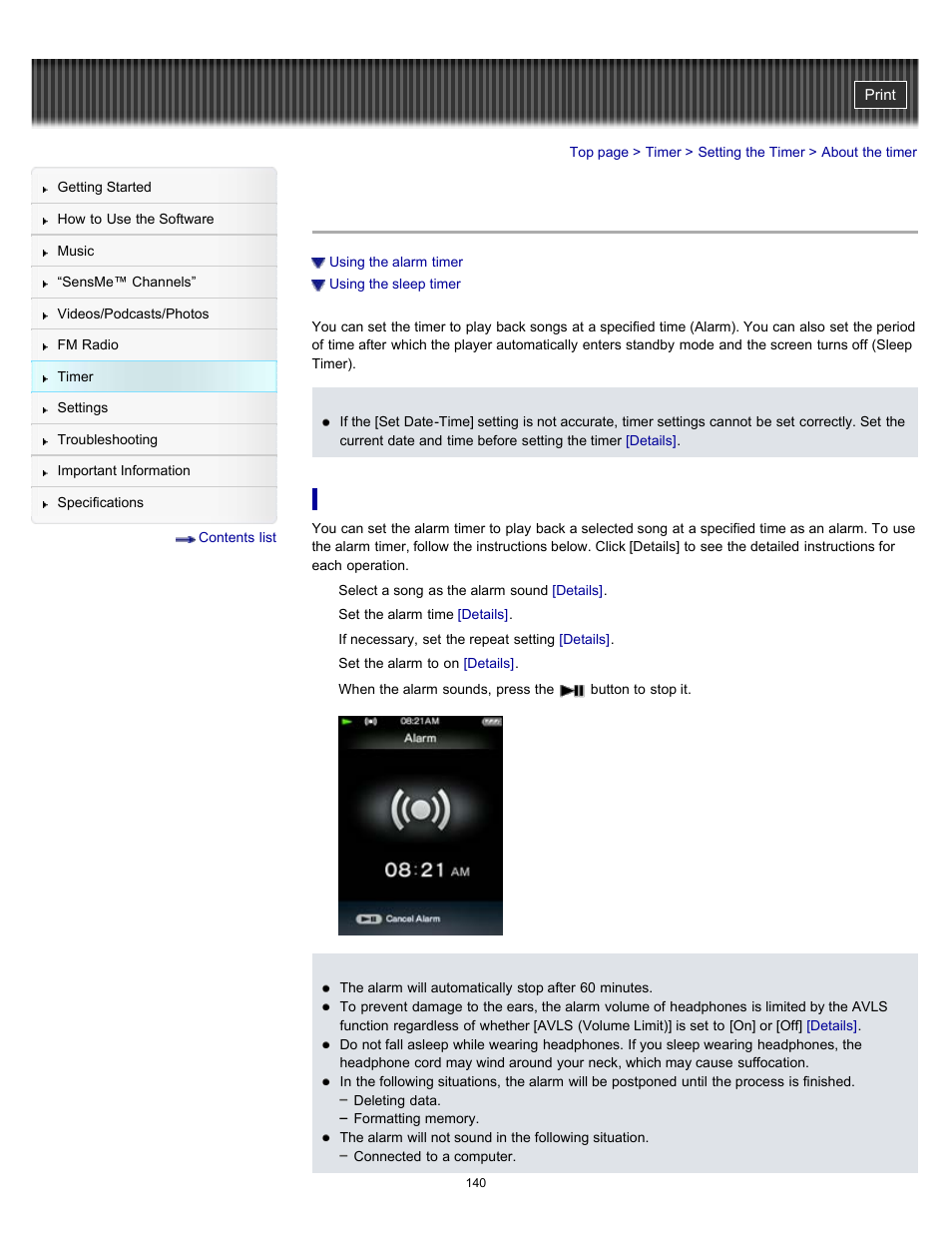 About the timer, Details, During | Sony NWZ-E353RED User Manual | Page 140 / 239