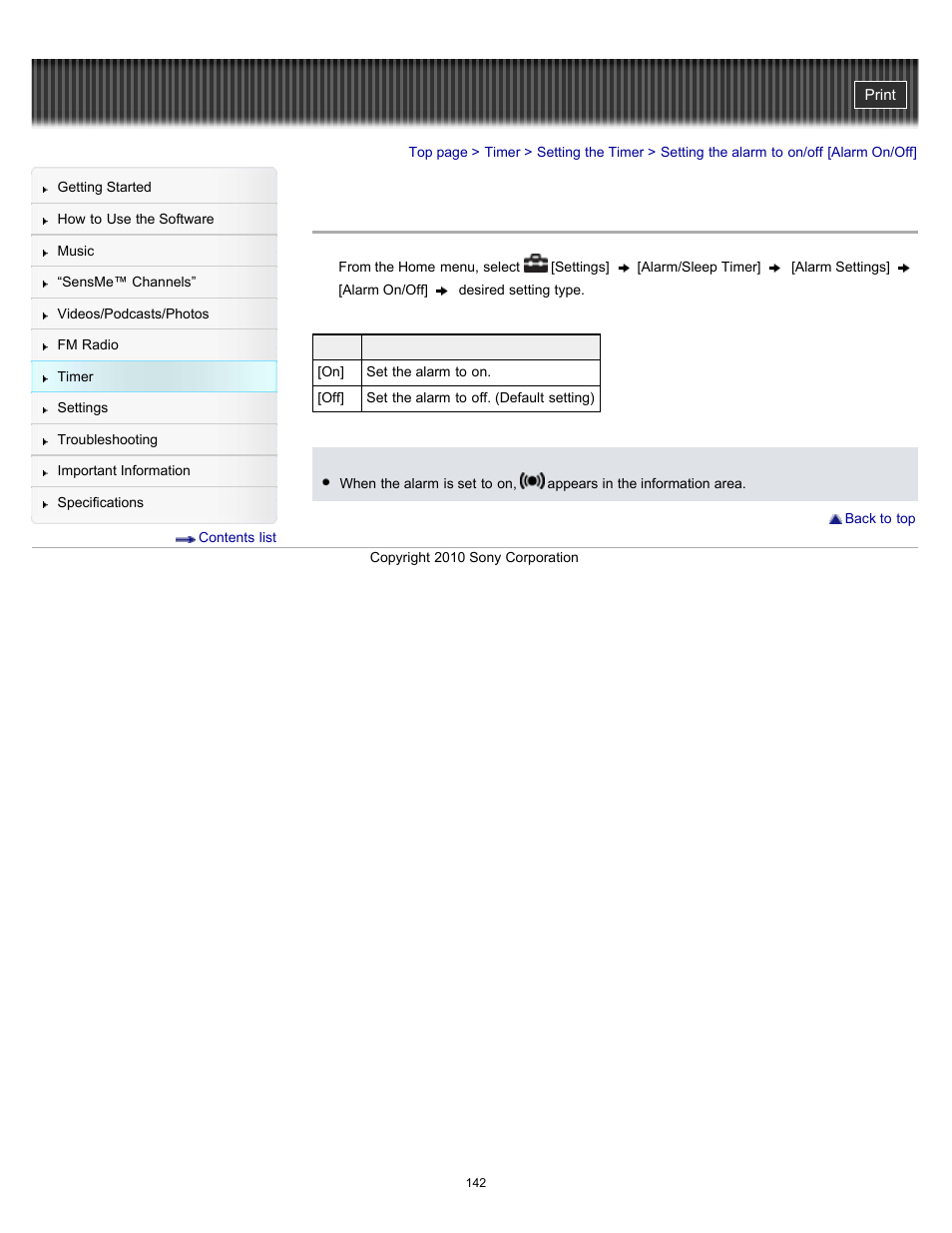 Setting the alarm to on/off [alarm on/off | Sony NWZ-E353RED User Manual | Page 142 / 239