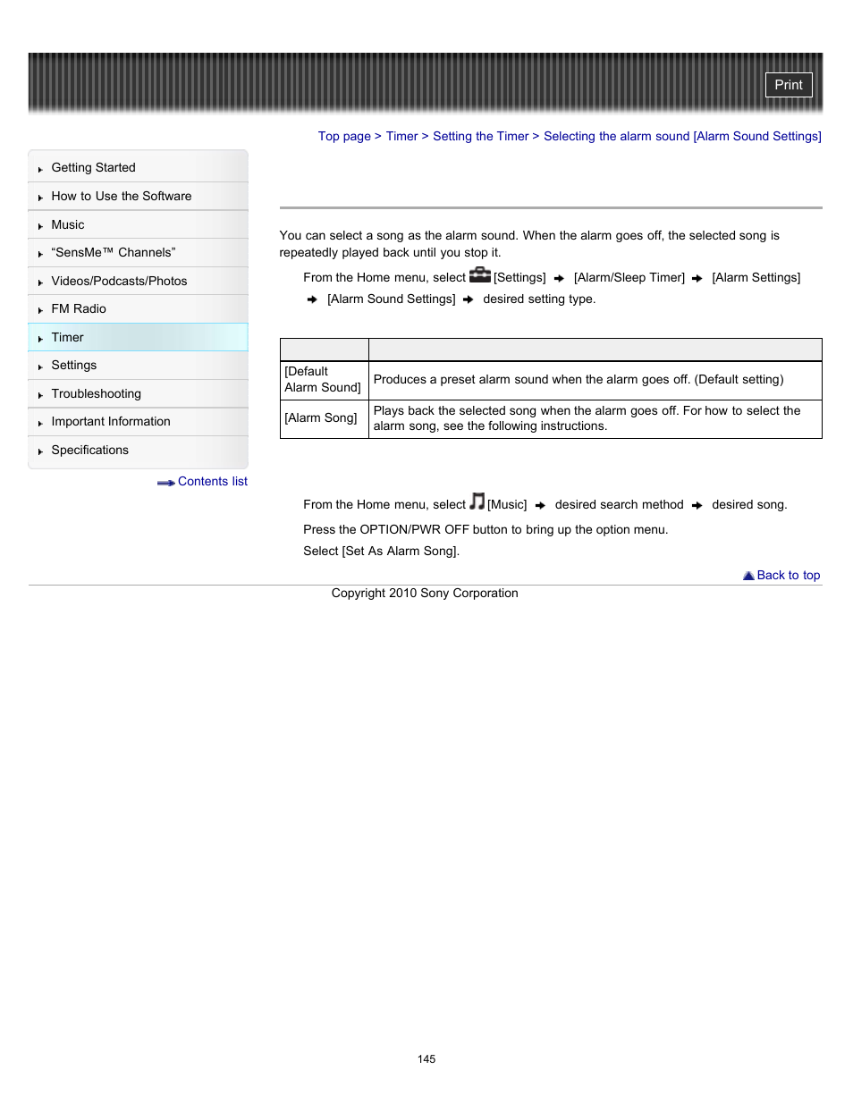 Selecting the alarm sound [alarm sound settings | Sony NWZ-E353RED User Manual | Page 145 / 239