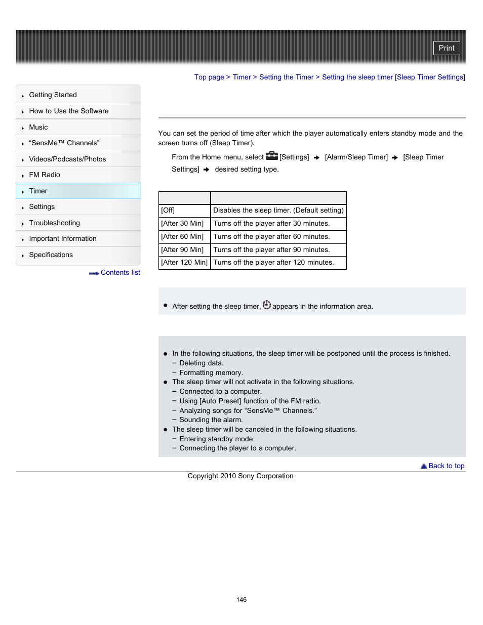 Setting the sleep timer [sleep timer settings, Details | Sony NWZ-E353RED User Manual | Page 146 / 239