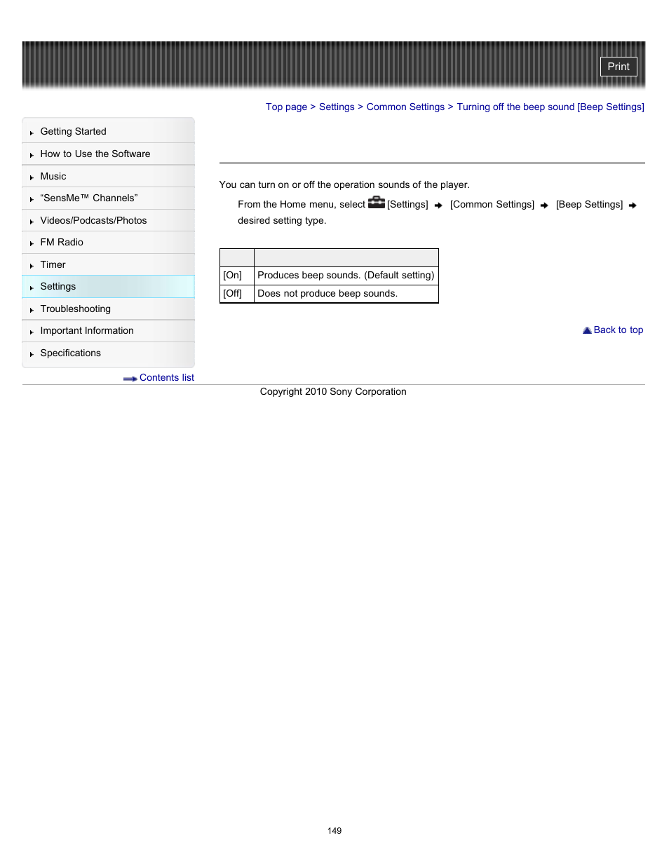 Turning off the beep sound [beep settings | Sony NWZ-E353RED User Manual | Page 149 / 239