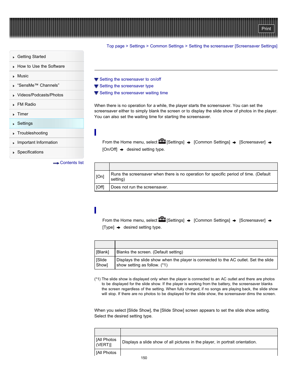 Setting the screensaver [screensaver settings | Sony NWZ-E353RED User Manual | Page 150 / 239