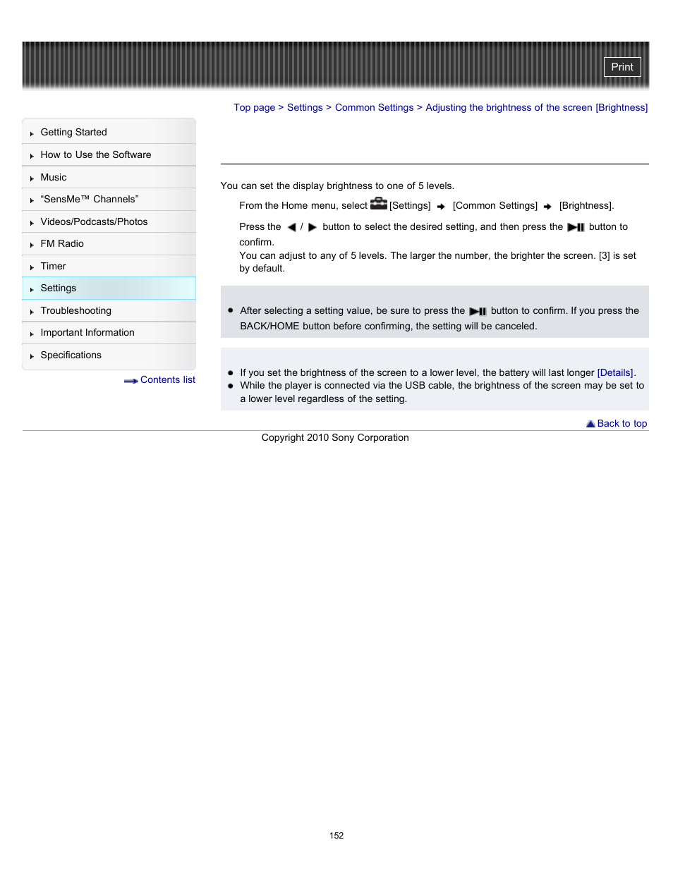 Adjusting the brightness of the screen [brightness, Details | Sony NWZ-E353RED User Manual | Page 152 / 239