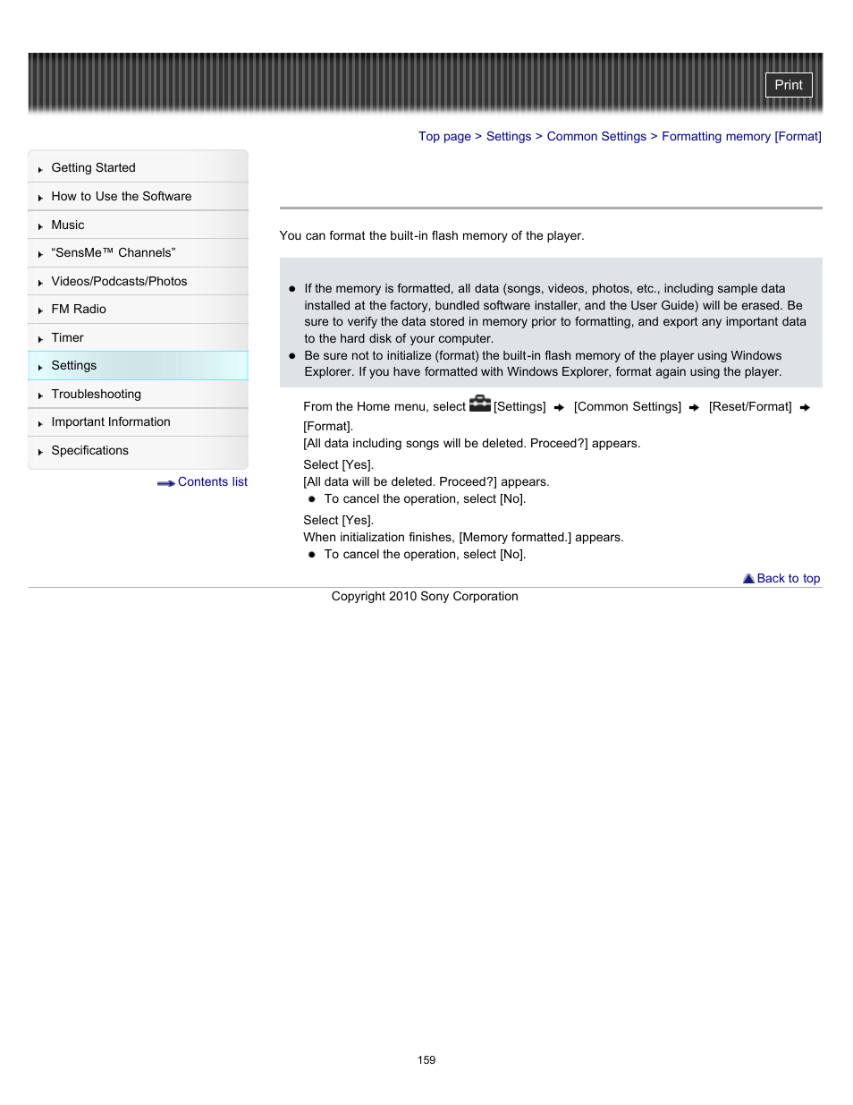 Formatting memory [format, Details | Sony NWZ-E353RED User Manual | Page 159 / 239