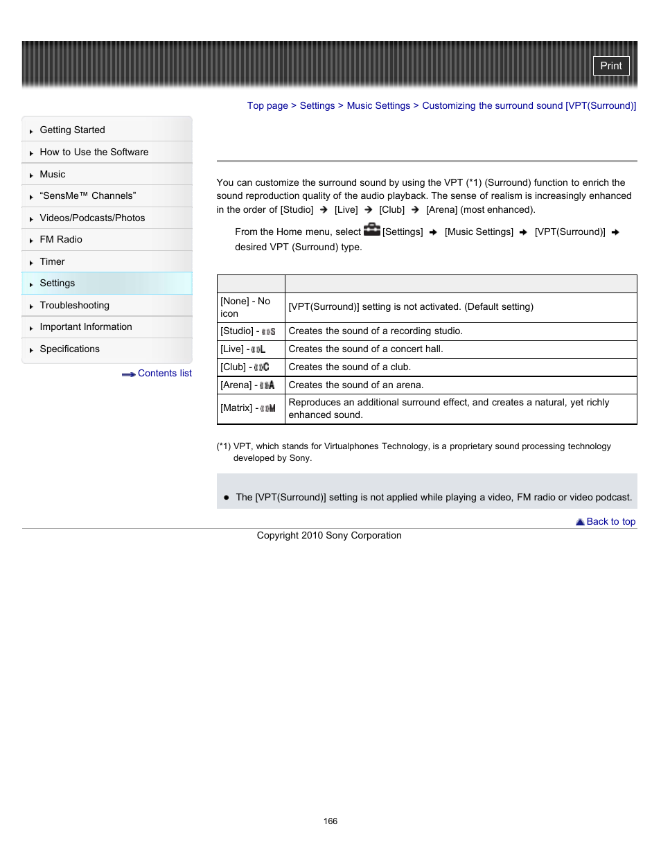Customizing the surround sound [vpt(surround) | Sony NWZ-E353RED User Manual | Page 166 / 239