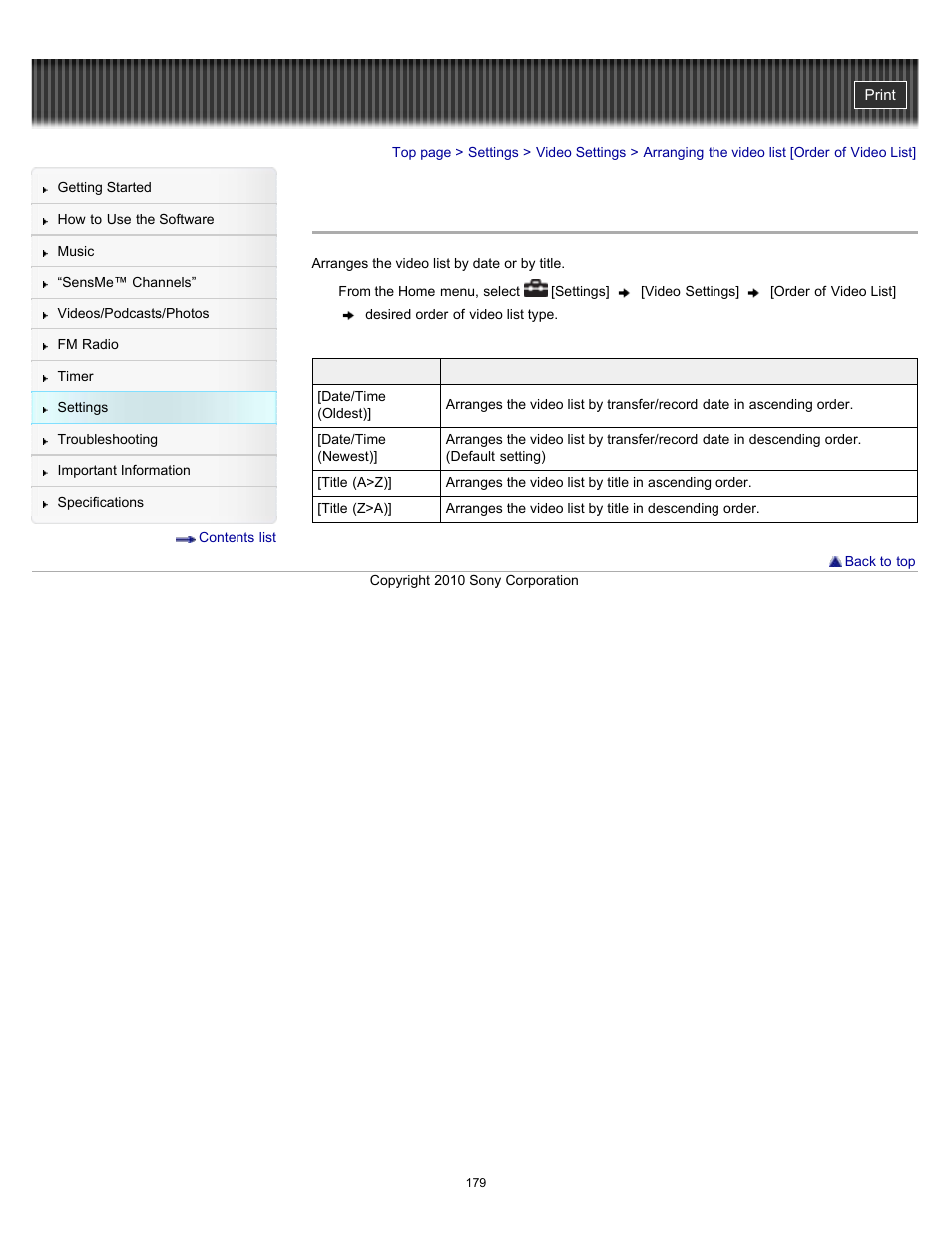 Arranging the video list [order of video list | Sony NWZ-E353RED User Manual | Page 179 / 239