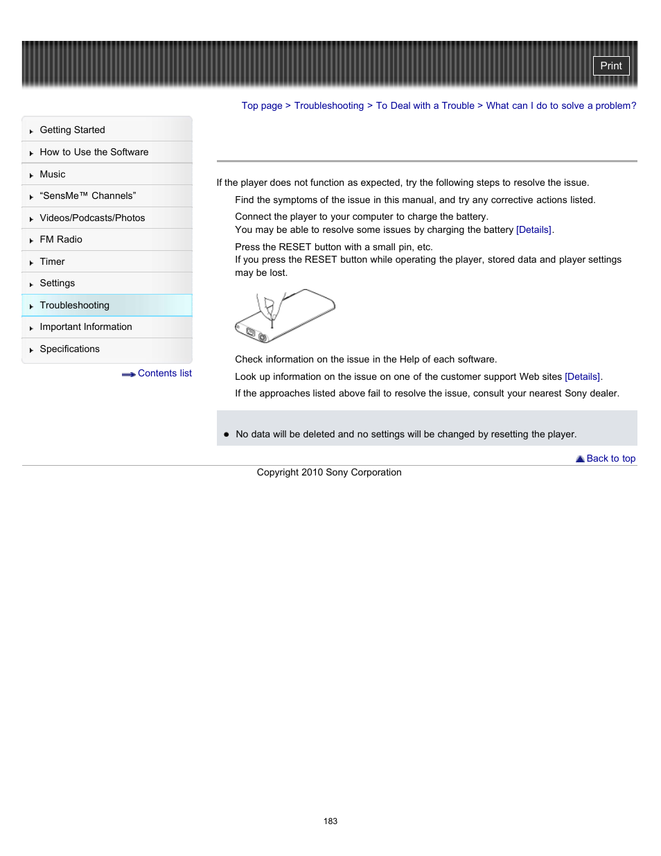 What can i do to solve a problem, Details | Sony NWZ-E353RED User Manual | Page 183 / 239