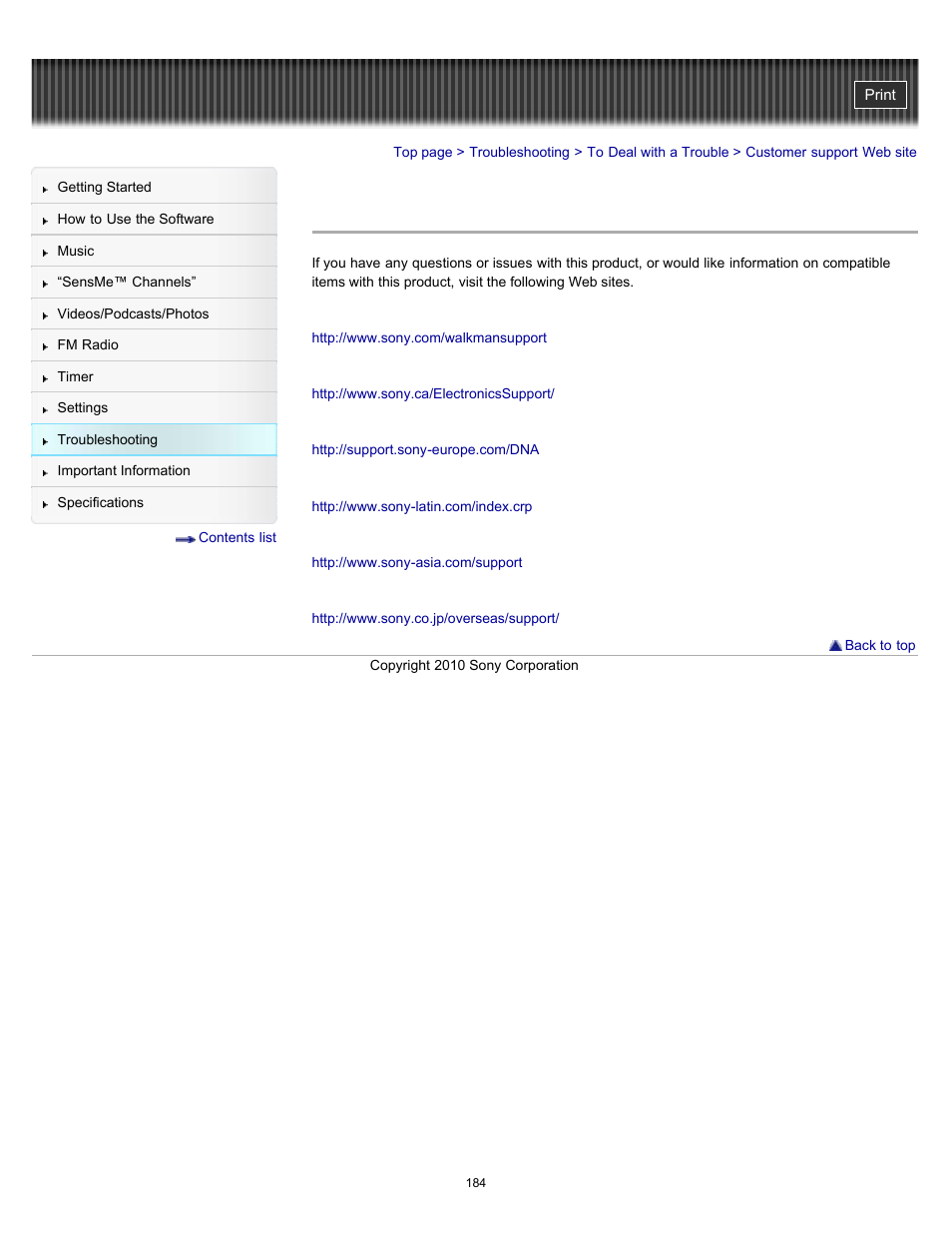 Customer support web site, Details | Sony NWZ-E353RED User Manual | Page 184 / 239