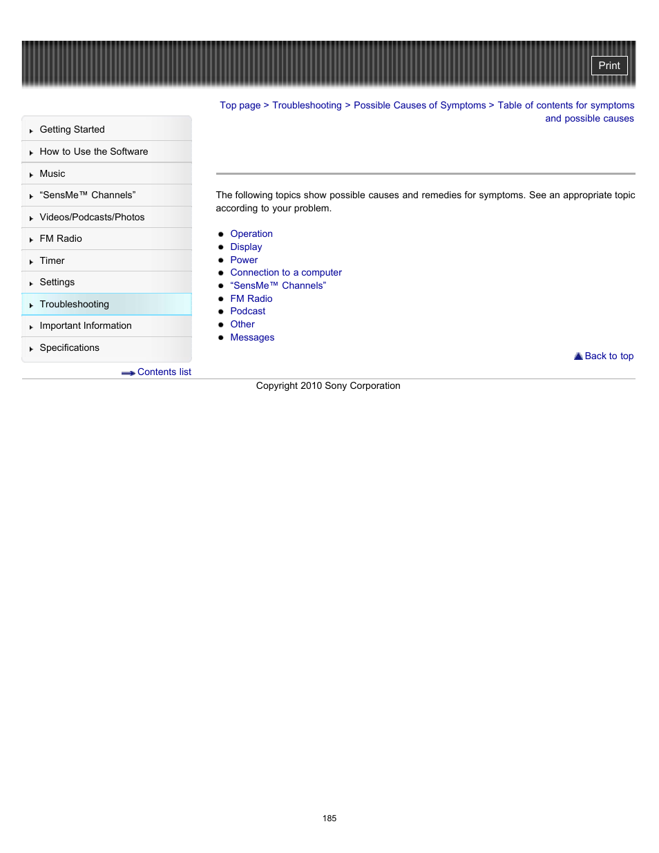 Table of contents for symptoms and possible causes | Sony NWZ-E353RED User Manual | Page 185 / 239