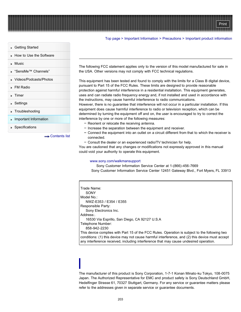 Important product information | Sony NWZ-E353RED User Manual | Page 203 / 239