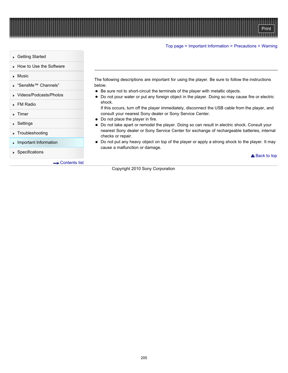 Warning | Sony NWZ-E353RED User Manual | Page 205 / 239