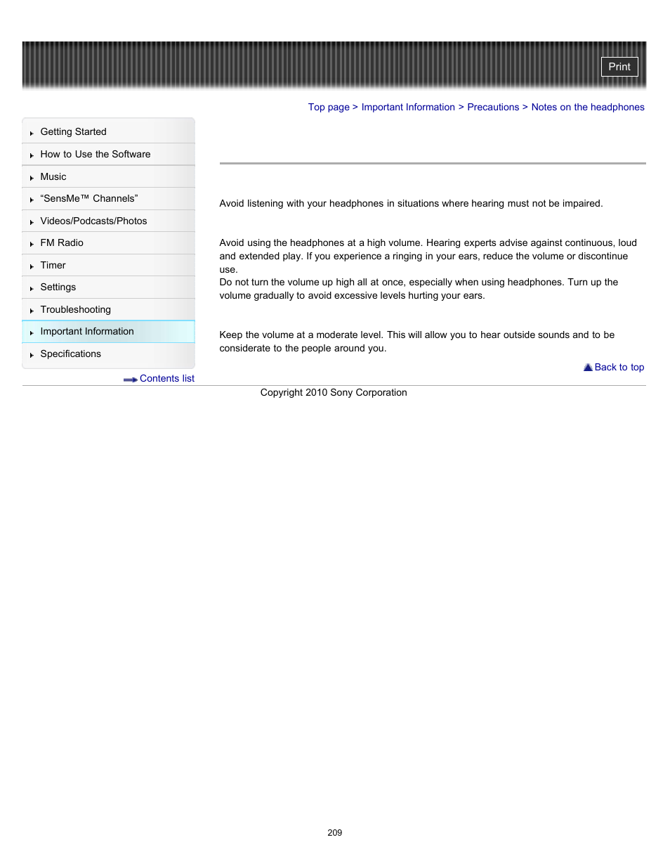 Notes on the headphones | Sony NWZ-E353RED User Manual | Page 209 / 239