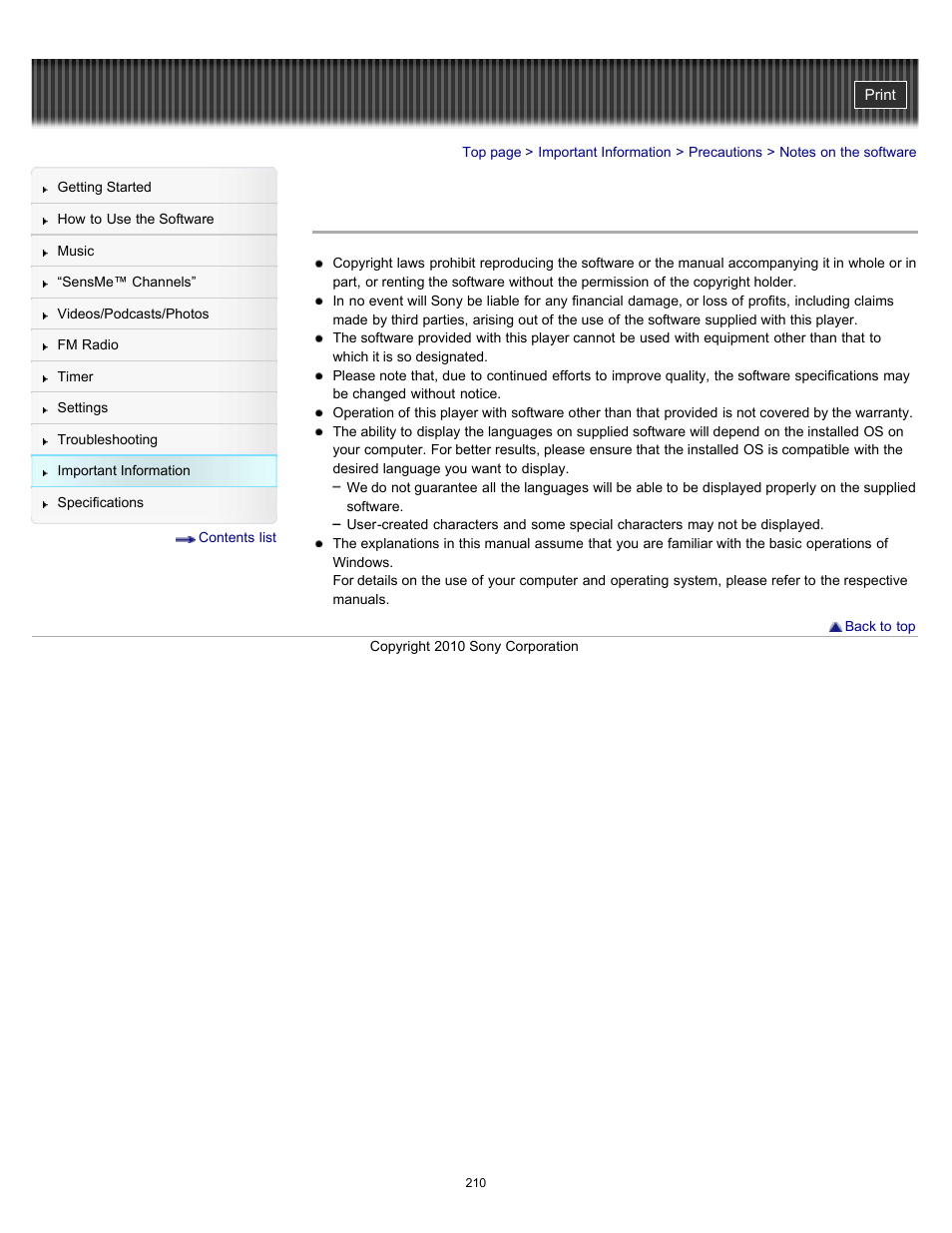 Notes on the software | Sony NWZ-E353RED User Manual | Page 210 / 239