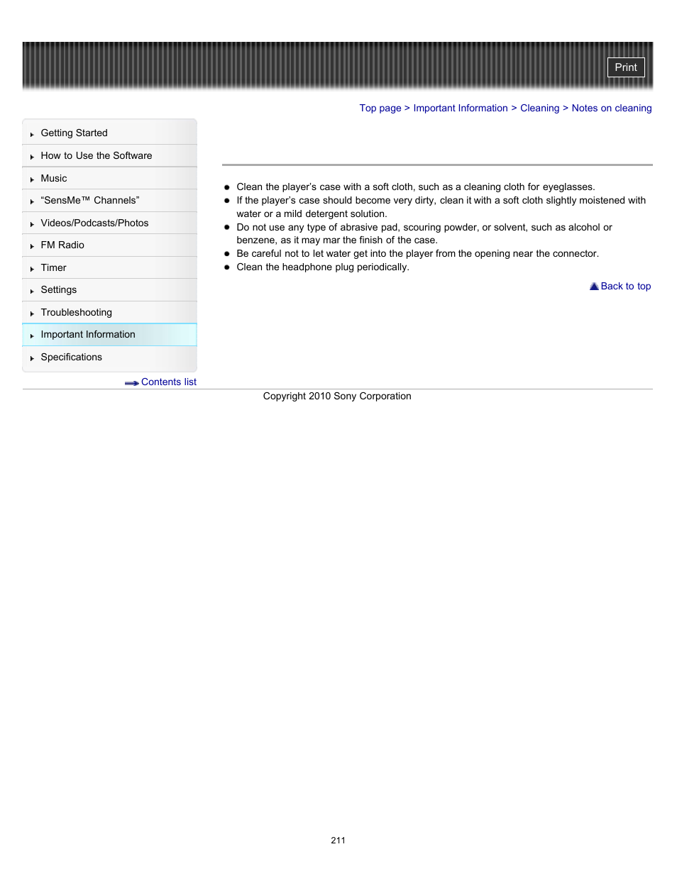 Notes on cleaning | Sony NWZ-E353RED User Manual | Page 211 / 239