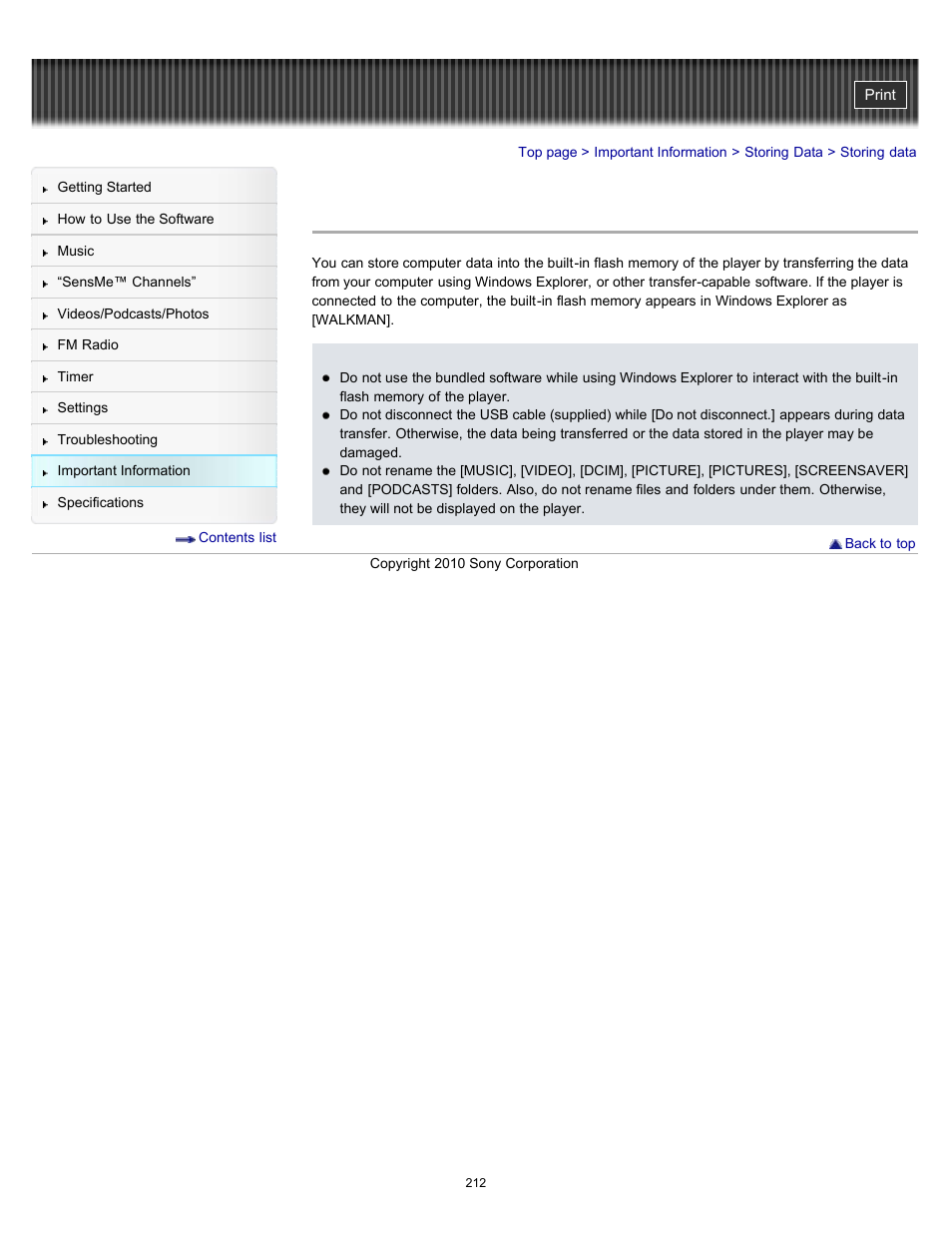 Storing data | Sony NWZ-E353RED User Manual | Page 212 / 239