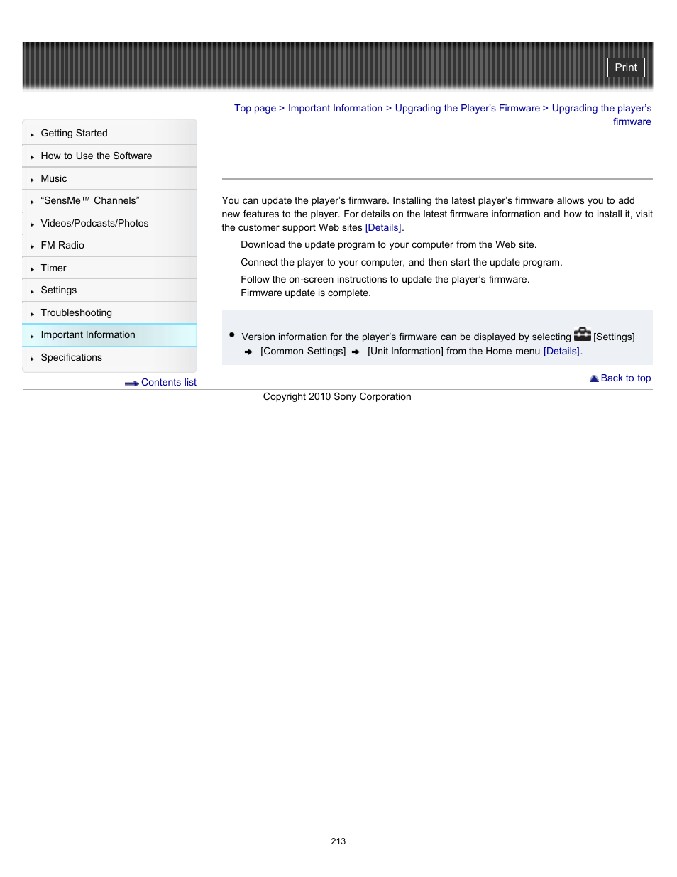 Upgrading the player’s firmware | Sony NWZ-E353RED User Manual | Page 213 / 239