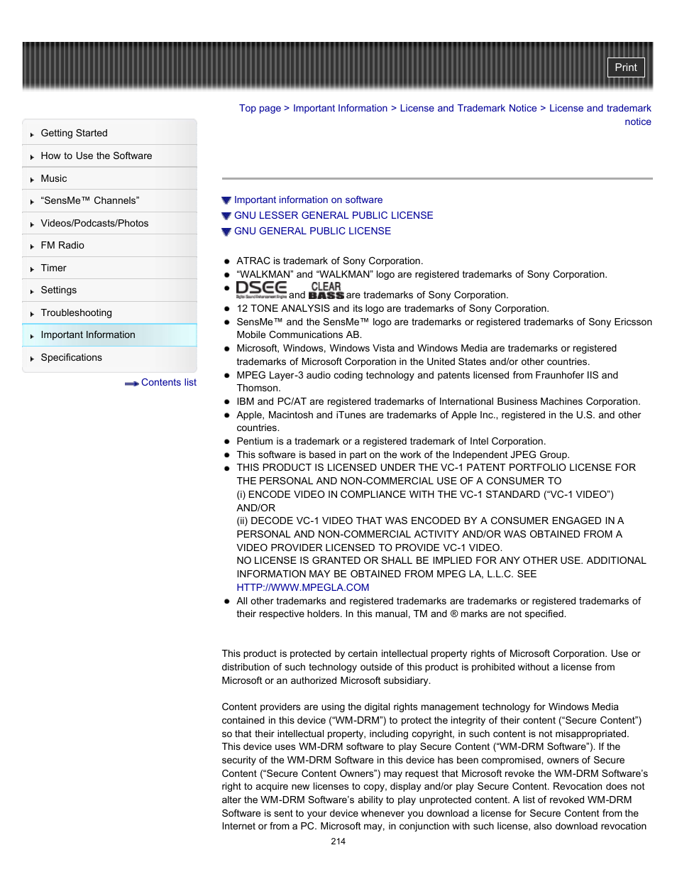 License and trademark notice | Sony NWZ-E353RED User Manual | Page 214 / 239