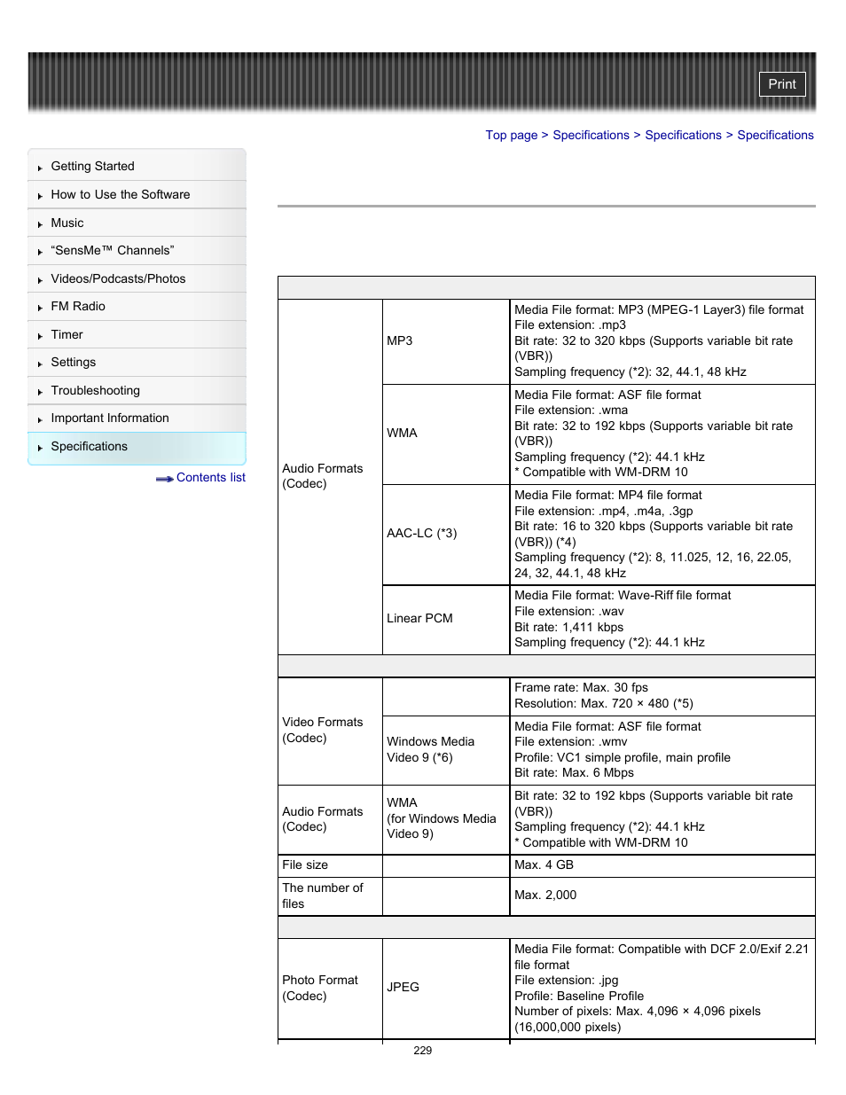Specifications, Details | Sony NWZ-E353RED User Manual | Page 229 / 239