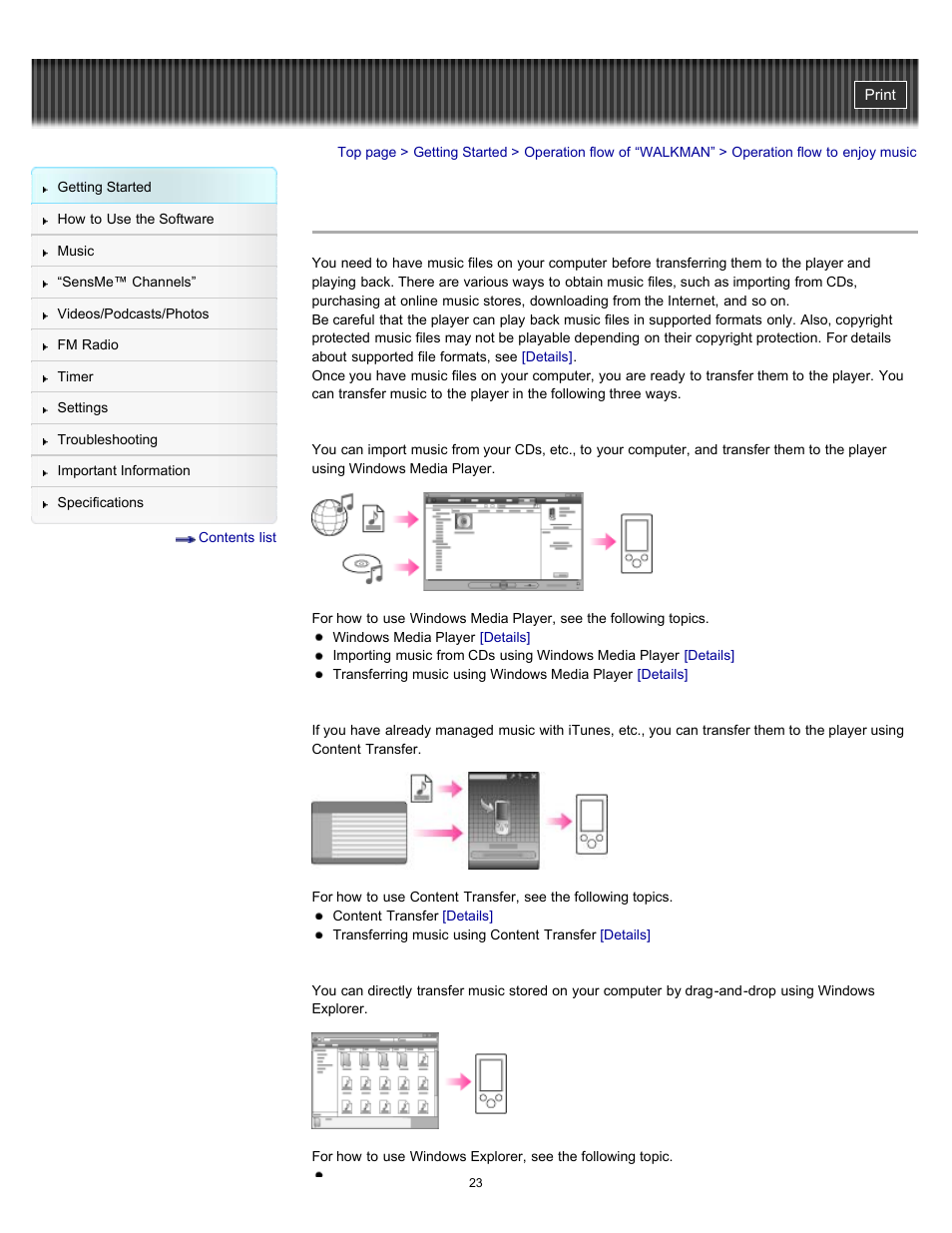 Operation flow to enjoy music, Details | Sony NWZ-E353RED User Manual | Page 23 / 239