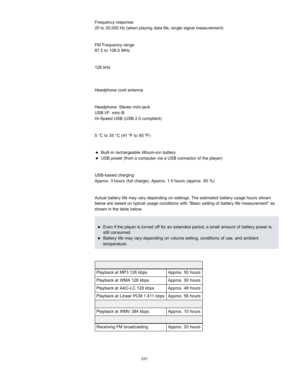 Details, Charging time | Sony NWZ-E353RED User Manual | Page 231 / 239