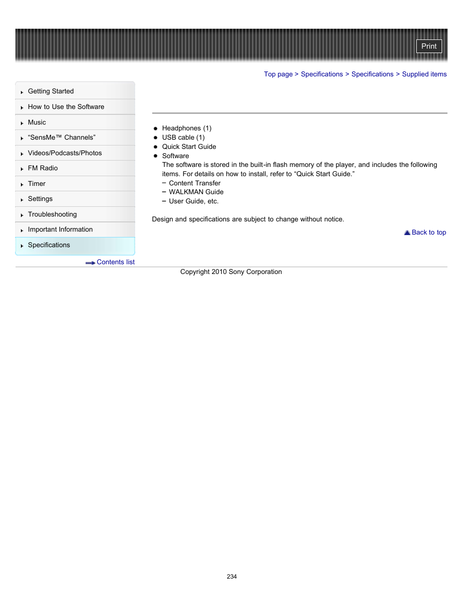 Supplied items | Sony NWZ-E353RED User Manual | Page 234 / 239