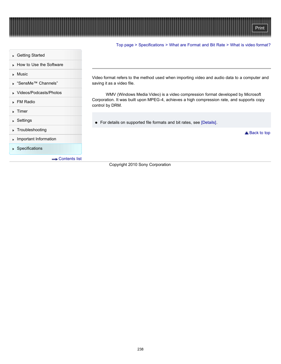 What is video format | Sony NWZ-E353RED User Manual | Page 238 / 239