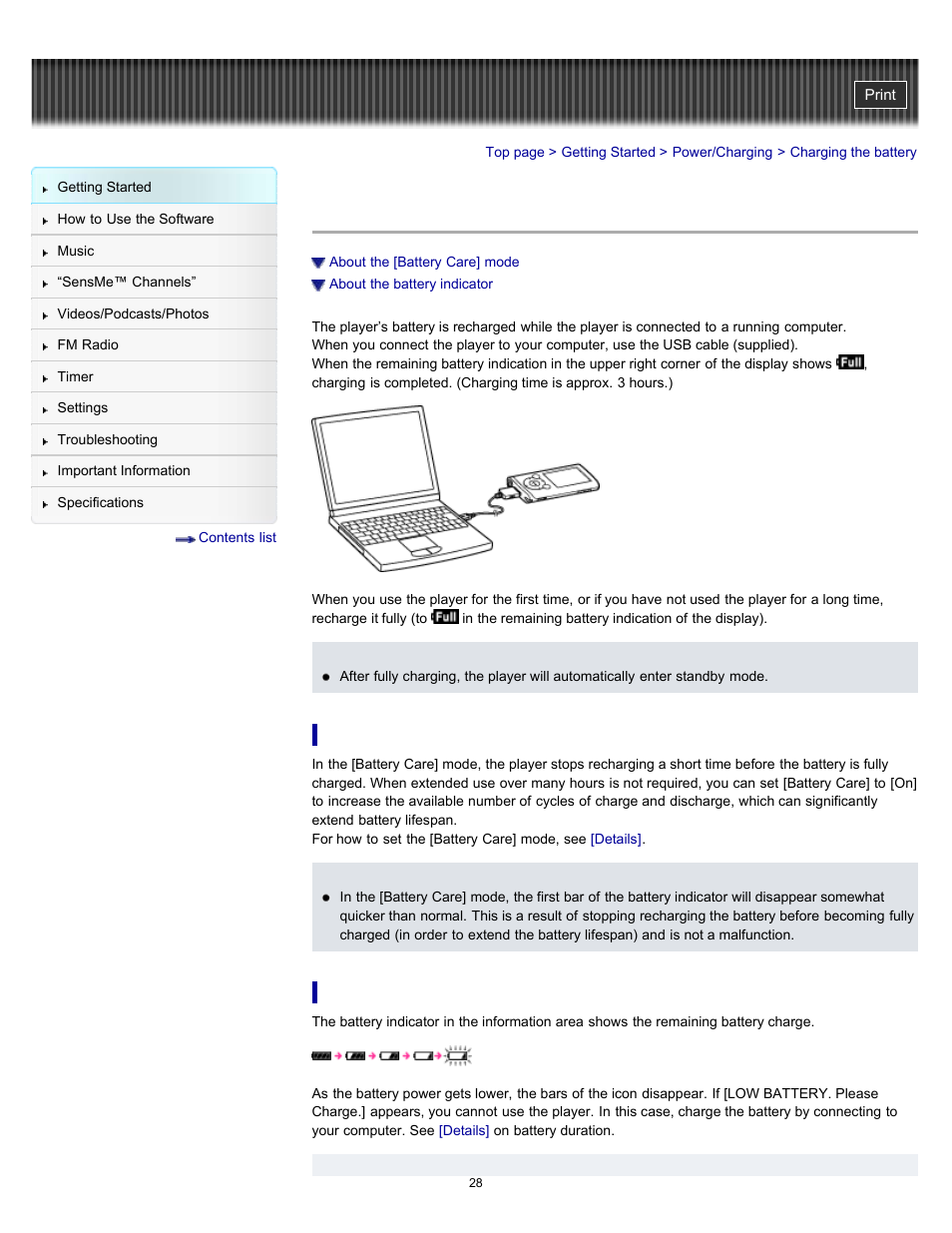 Charging the battery, Details | Sony NWZ-E353RED User Manual | Page 28 / 239