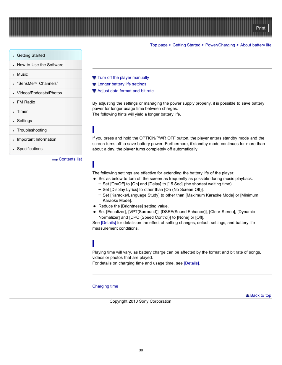 About battery life | Sony NWZ-E353RED User Manual | Page 30 / 239